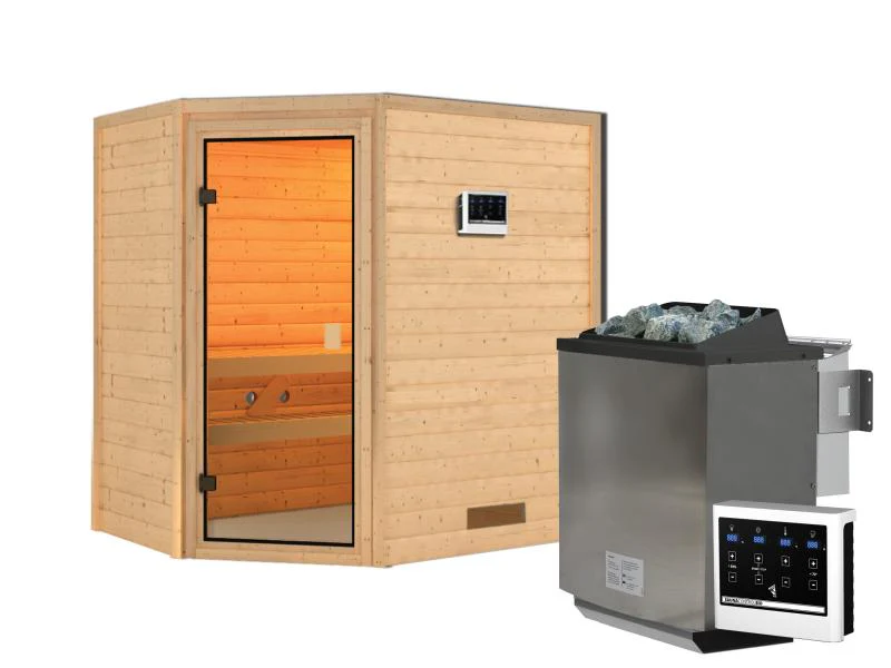 Karibu Sauna Jella inkl. 9 kW Bioofen ext. Steuerung mit klassischer Saunatür -ohne Dachkranz- - Image 2