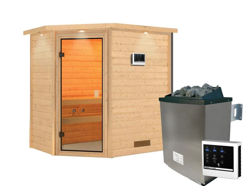Karibu Sauna Jella inkl. 9 kW Ofen ext. Steuerung mit klassischer Saunatür -mit Dachkranz- - Image 2