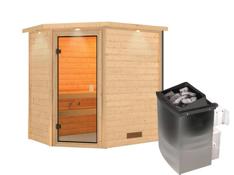 Karibu Sauna Jella inkl. 9 kW Ofen integr. Steuerung mit klassischer Saunatür -mit Dachkranz- - Image 2