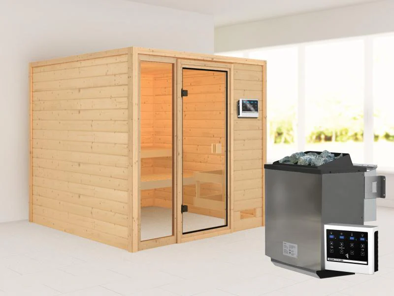 Karibu Sauna Jutta mit 9 kW Bioofen ext. Strg 38 mm