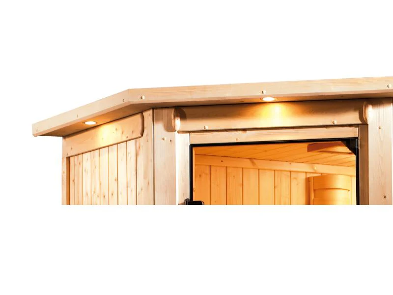 Karibu Sauna Larin inkl. 9 kW Bioofen externe Steuerung mit bronzierter Ganzglastür - mit Dachkranz - Image 8