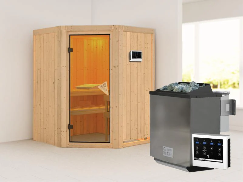 Karibu Sauna Larin inkl. 9 kW Bioofen externe Steuerung, mit bronzierter Ganzglastür - ohne Dachkran - Image 2