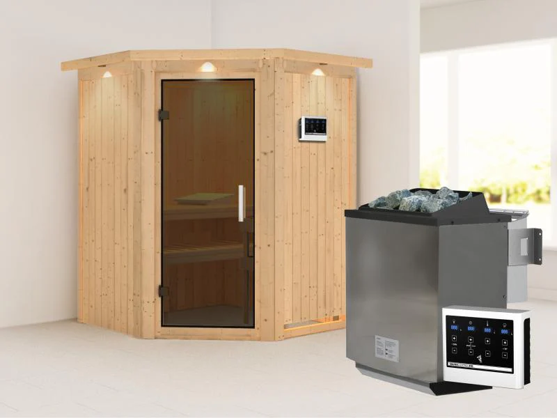 Karibu Sauna Larin inkl. 9 kW Bioofen externe Steuerung, mit moderner Saunatür - mit Dachkranz - - Image 2