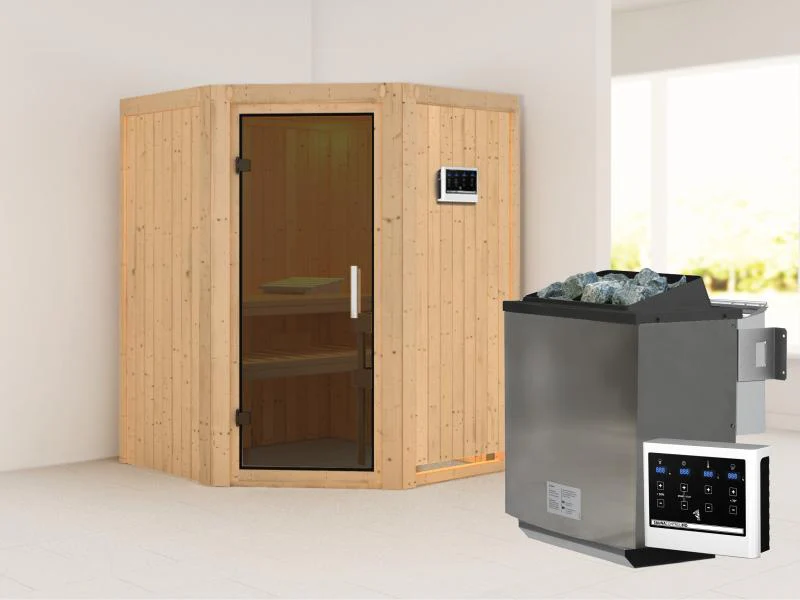 Karibu Sauna Larin inkl. 9 kW Bioofen externe Steuerung, mit moderner Saunatür - ohne Dachkranz - - Image 2