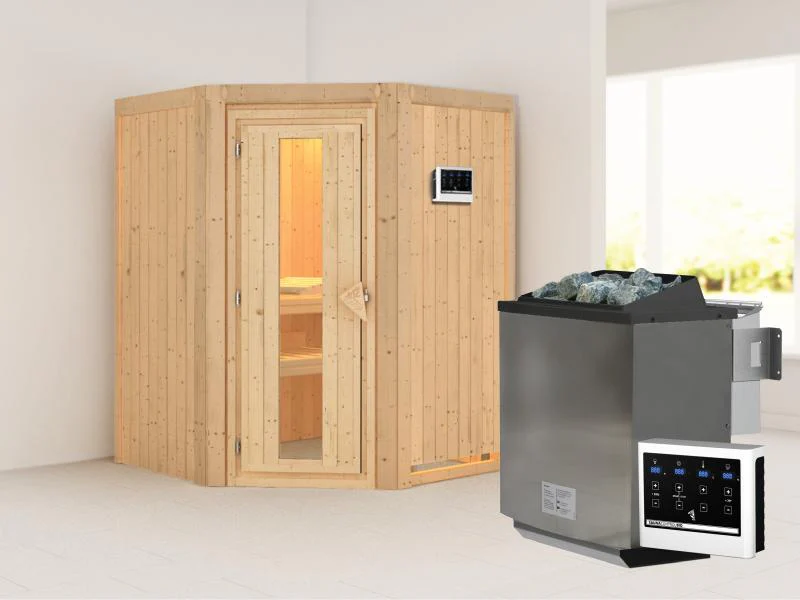 Karibu Sauna Larin inkl. 9 kW Bioofen mit externer Steuerung, ohne Dachkranz, mit energiesparender S - Image 2