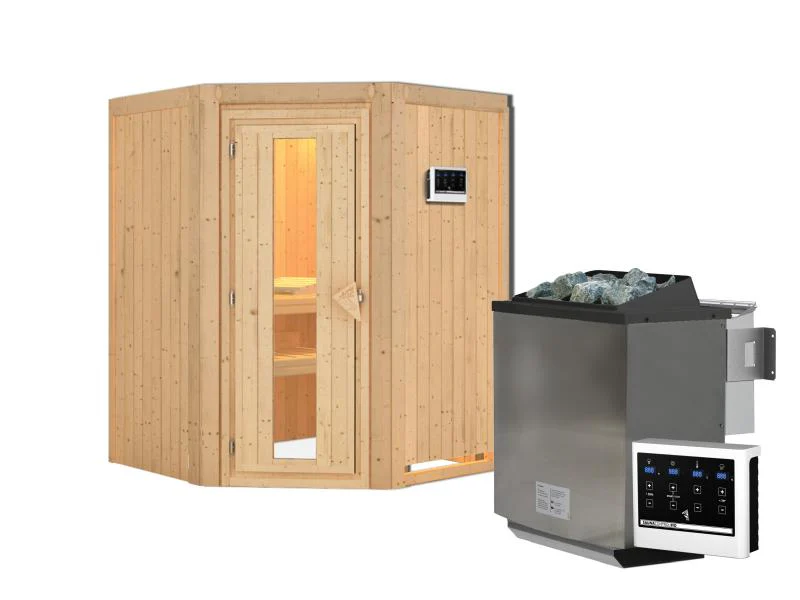 Karibu Sauna Larin inkl. 9 kW Bioofen mit externer Steuerung, ohne Dachkranz, mit energiesparender S - Image 3
