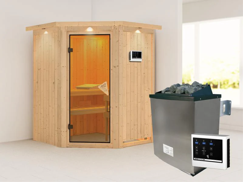 Karibu Sauna Larin inkl. 9 kW Ofen externe Steuerung, mit bronzierter Ganzglastür - mit Dachkranz - - Image 2