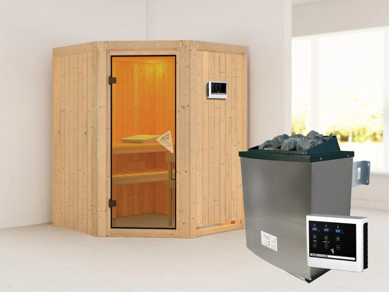 Karibu Sauna Larin inkl. 9 kW Ofen externe Steuerung, mit bronzierter Ganzglastür - ohne Dachkranz - - Image 2