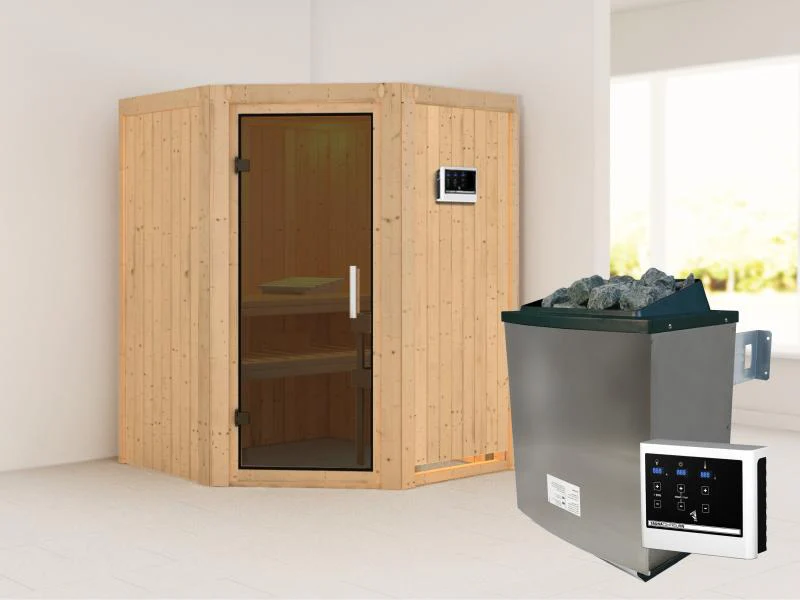 Karibu Sauna Larin inkl. 9 kW Ofen externer Steuerung, mit moderner Saunatür - ohne Dachkranz - - Image 2