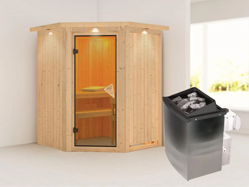Karibu Sauna Larin inkl. 9 kW Ofen integrierte Steuerung, mit bronzerter Ganzglastür - mit Dachkranz - Image 2