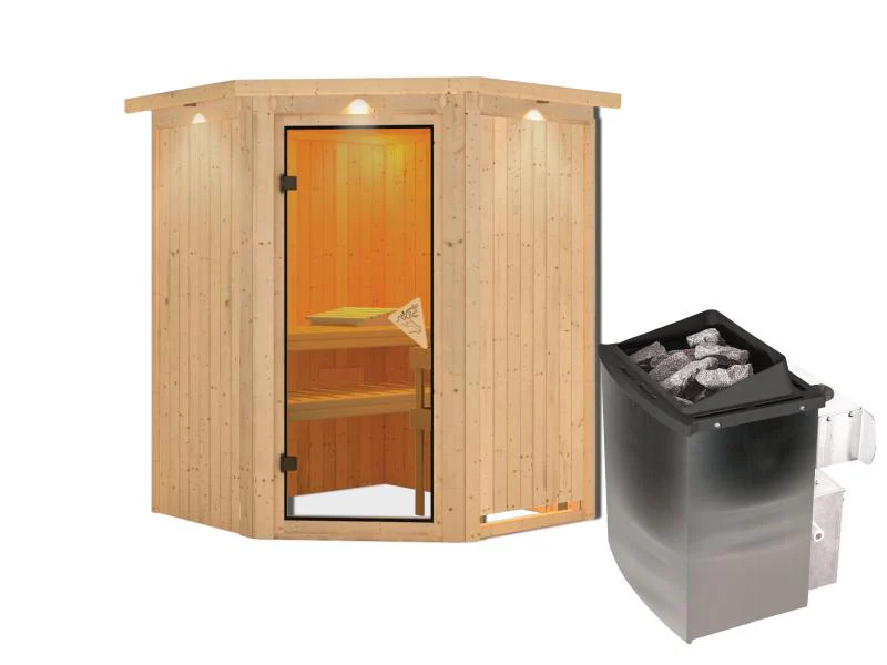 Karibu Sauna Larin inkl. 9 kW Ofen integrierte Steuerung, mit bronzerter Ganzglastür - mit Dachkranz - Image 4
