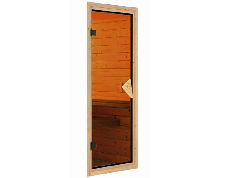Karibu Sauna Larin inkl. 9 kW Ofen integrierte Steuerung, mit bronzerter Ganzglastür - mit Dachkranz - Image 7