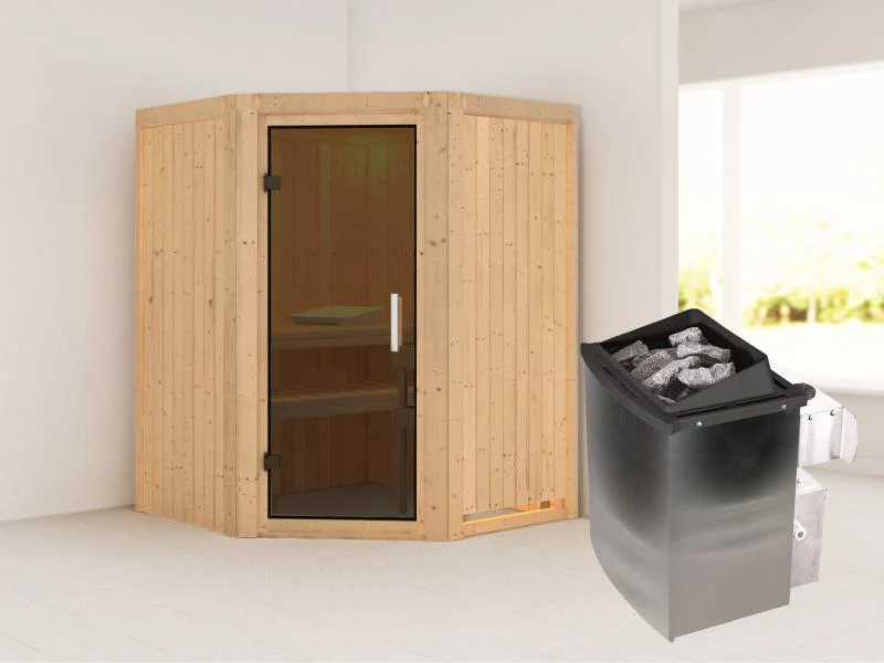 Karibu Sauna Larin inkl. 9 kW Ofen integrierte Steuerung mit moderner Saunatür - ohne Dachkranz - - Image 2