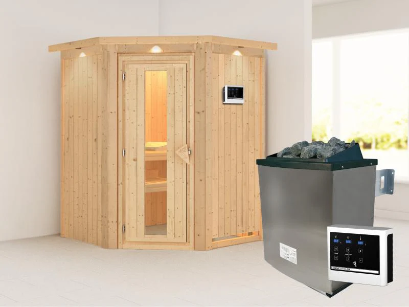 Karibu Sauna Larin inkl. 9 kW Ofen mit externer Steuerung, mit Dachkranz, mit energiesparender Sauna - Image 2