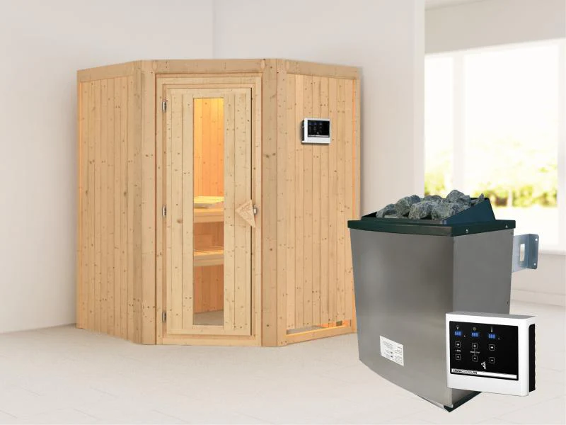 Karibu Sauna Larin inkl. 9 kW Ofen mit externer Steuerung, ohne Dachkranz, mit energiesparender Saun - Image 2