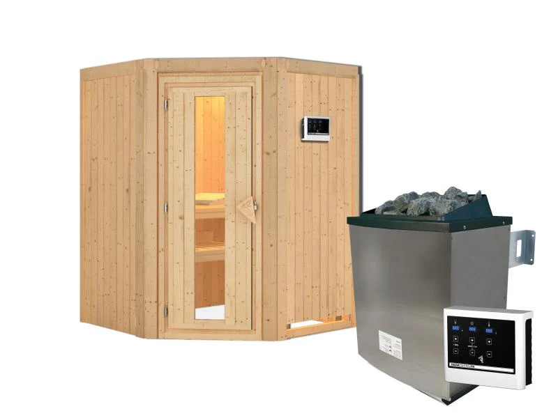 Karibu Sauna Larin inkl. 9 kW Ofen mit externer Steuerung, ohne Dachkranz, mit energiesparender Saun - Image 3