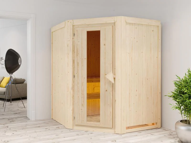 Karibu Sauna Larin inkl. 9 kW Ofen mit integr. Steuerung, ohne Dachkranz, mit energiesparender Sauna