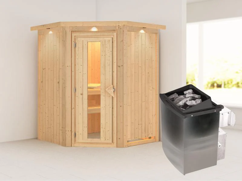 Karibu Sauna Larin inkl. 9 kW Ofen mit interner Steuerung, mit Dachkranz, mit energiesparender Sauna - Image 2