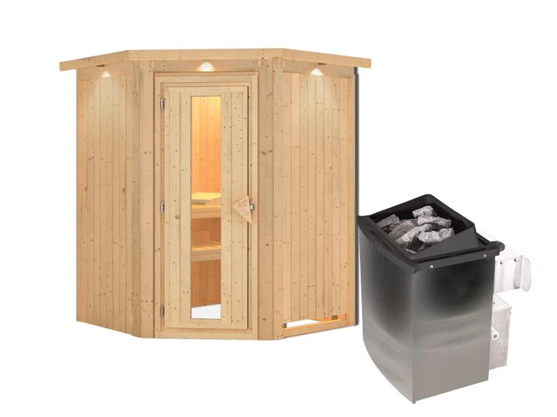 Karibu Sauna Larin inkl. 9 kW Ofen mit interner Steuerung, mit Dachkranz, mit energiesparender Sauna - Image 3