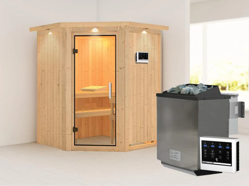 Karibu Sauna Larin inkl. 9kW Bioofen externe Steuerung, mit Klarglas-Ganzglastür -mit Dachkranz- - Image 2