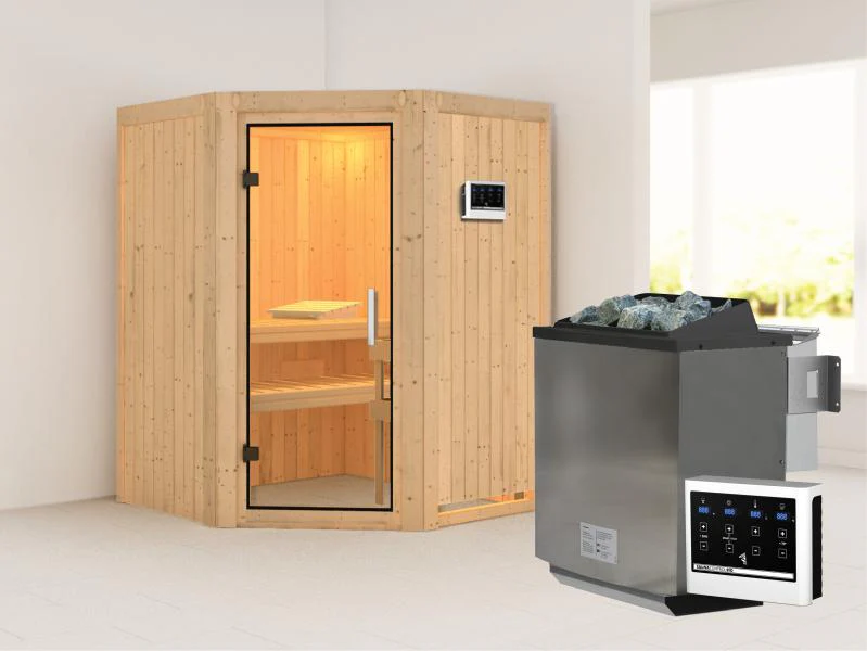 Karibu Sauna Larin inkl. 9kW Bioofen externe Steuerung, mit Klarglas-Ganzglastür -ohne Dachkranz- - Image 2