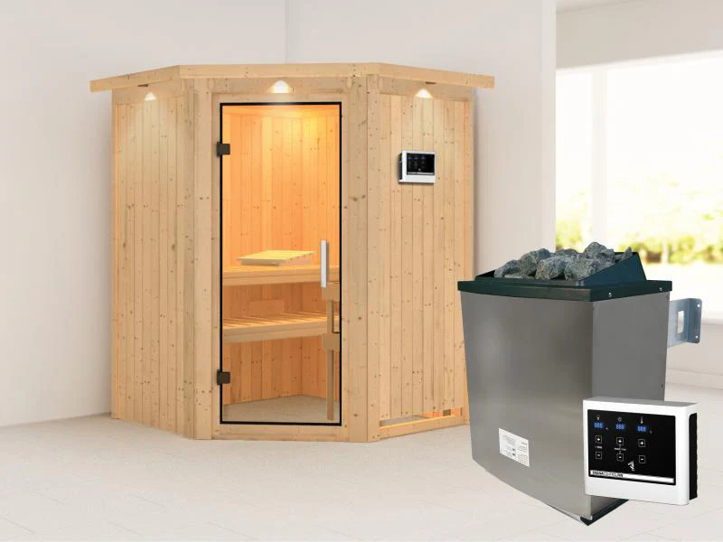 Karibu Sauna Larin inkl. 9kW Ofen externe Steuerung, mit Klarglas-Ganzglastür -mit Dachkranz- - Image 2