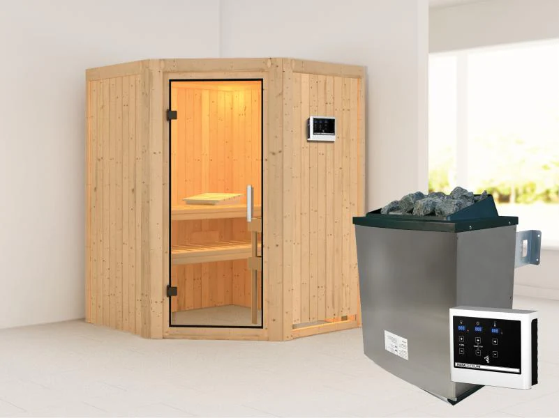 Karibu Sauna Larin inkl. 9kW Ofen externe Steuerung, mit Klarglas-Ganzglastür -ohne Dachkranz- - Image 2