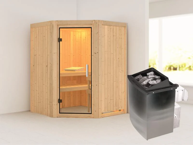 Karibu Sauna Larin inkl. 9kW Ofen integrierte Steuerung, mit Klarglas-Ganzglastür -ohne Dachkranz- - Image 2