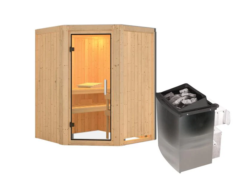 Karibu Sauna Larin inkl. 9kW Ofen integrierte Steuerung, mit Klarglas-Ganzglastür -ohne Dachkranz- - Image 8