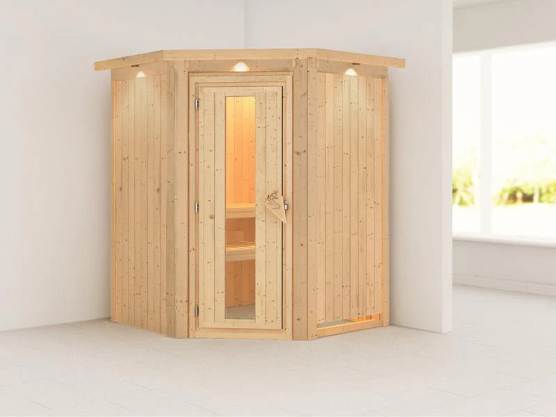 Karibu Sauna Larin ohne Ofen, mit Dachkranz, mit energiesparender Saunatür - Image 4