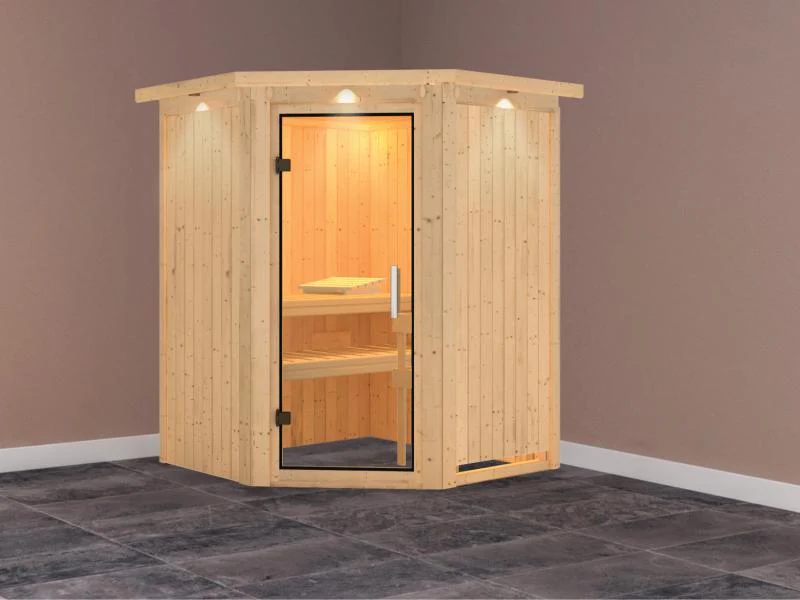 Karibu Sauna Larin ohne Ofen, mit Dachkranz, mit Klarglas-Ganzglastür - Image 2