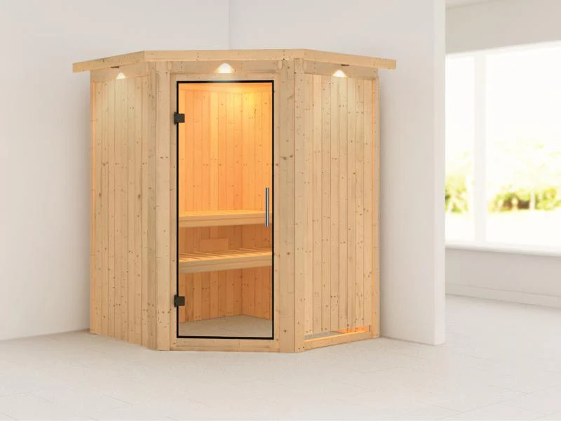 Karibu Sauna Larin ohne Ofen, mit Dachkranz, mit Klarglas-Ganzglastür - Image 4