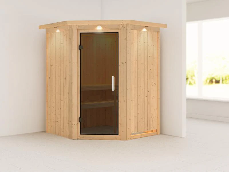 Karibu Sauna Larin ohne Ofen, mit Dachkranz, mit moderner Saunatür - Image 4