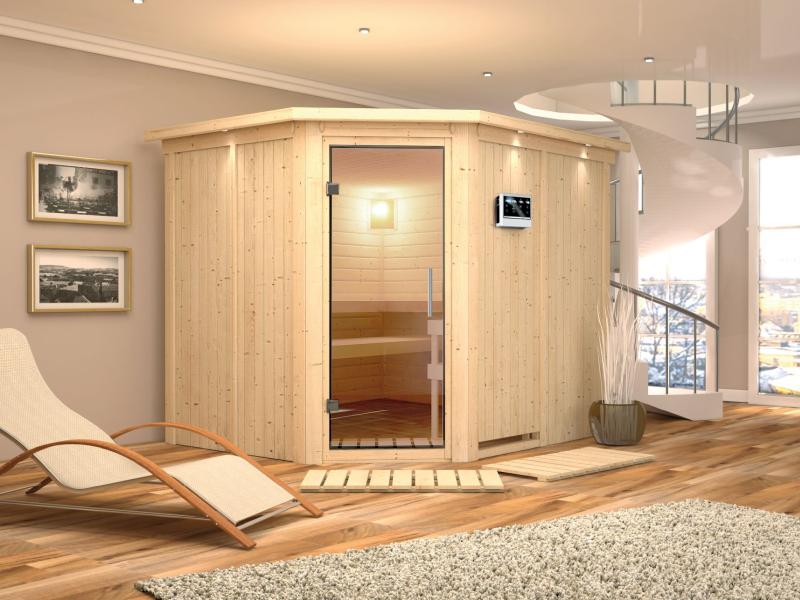 Karibu Sauna Malin inkl. 9 kW Bio Ofen mit ext. Steuerung, mit Dachkranz, mit Klarglas Ganzglastür - Image 4