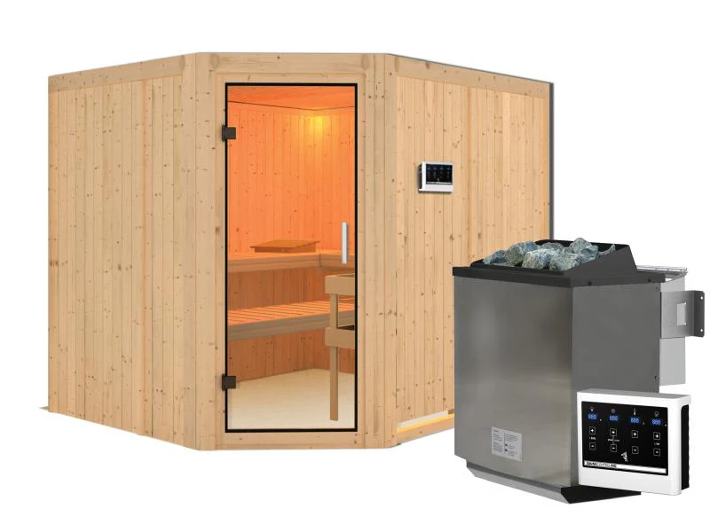 Karibu Sauna Malin inkl. 9 kW Bio Ofen mit ext. Steuerung, ohne Dachkranz, mit Klarglas Ganzglastür - Image 2