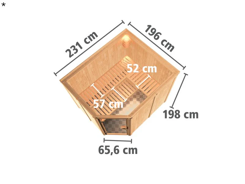 Karibu Sauna Malin inkl. 9 kW Bio Ofen mit ext. Steuerung, ohne Dachkranz, mit Klarglas Ganzglastür - Image 3