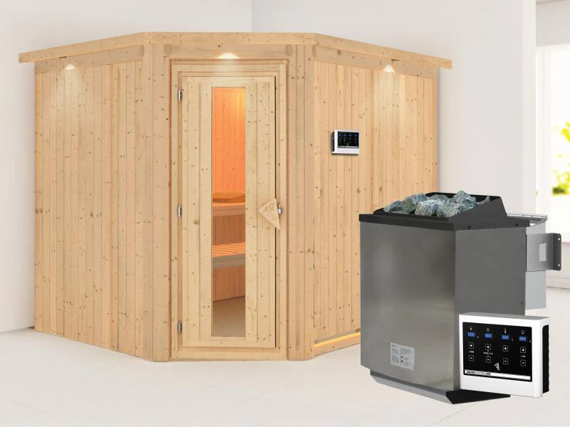 Karibu Sauna Malin inkl. 9-kW-Bioofen mit externer Steuerung, mit Dachkranz, mit energiesparender Sa