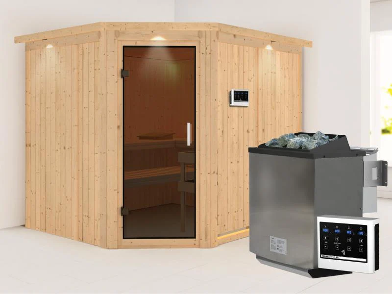 Karibu Sauna Malin inkl. 9-kW-Bioofen mit externer Steuerung, mit Dachkranz, mit moderner Saunatür