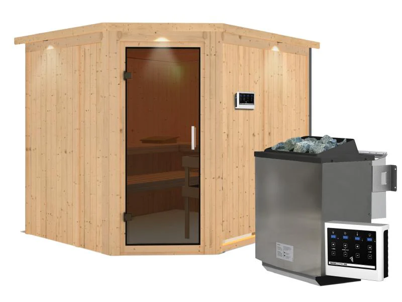 Karibu Sauna Malin inkl. 9-kW-Bioofen mit externer Steuerung, mit Dachkranz, mit moderner Saunatür - Image 2