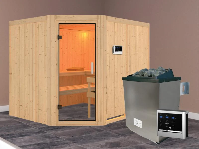 Karibu Sauna Malin inkl. 9 kW Ofen mit ext. Steuerung, ohne Dachkranz, mit Klarglas Ganzglastür - Image 2