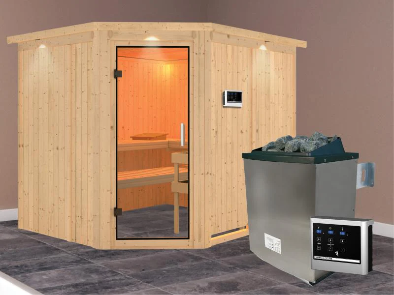 Karibu Sauna Malin inkl. 9 kW Ofen mit ext. Steuerung, ohne Dachkranz, mit Klarglas Ganzglastür - Image 2