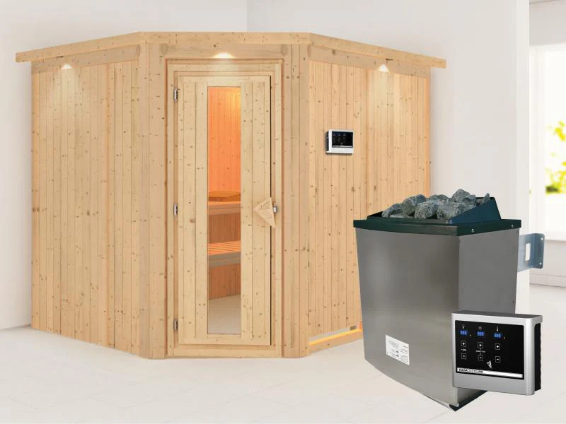 Karibu Sauna Malin inkl. 9-kW-Ofen mit externer Steuerung, mit Dachkranz, mit energiesparender Sauna