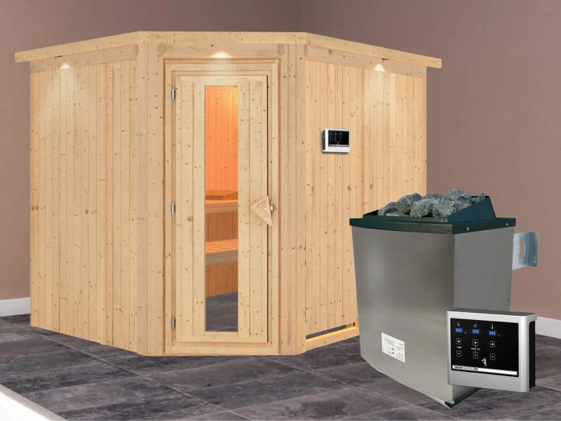 Karibu Sauna Malin inkl. 9-kW-Ofen mit externer Steuerung, mit Dachkranz, mit energiesparender Sauna - Image 2