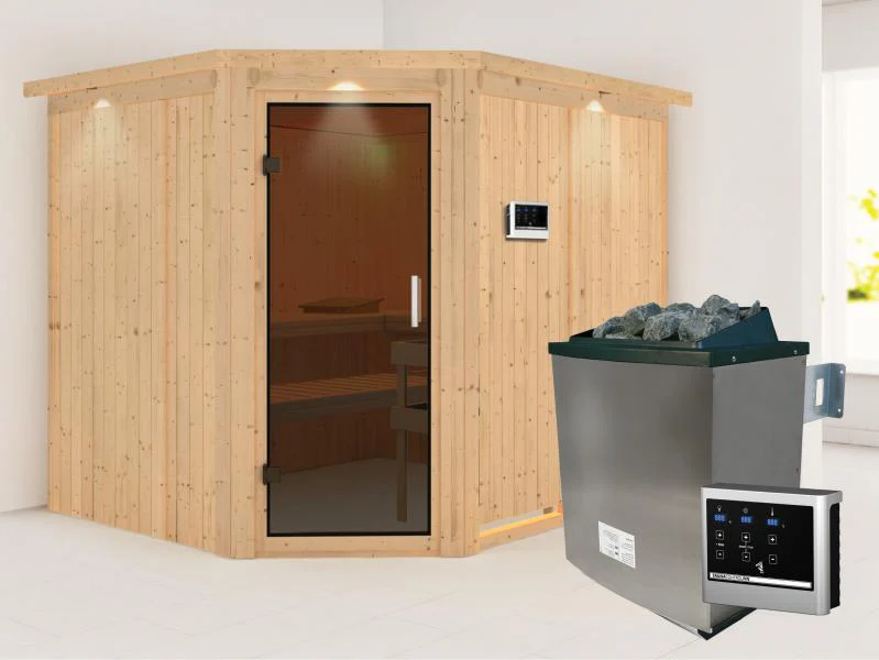 Karibu Sauna Malin inkl. 9-kW-Ofen mit externer Steuerung, mit Dachkranz, mit moderner Saunatür