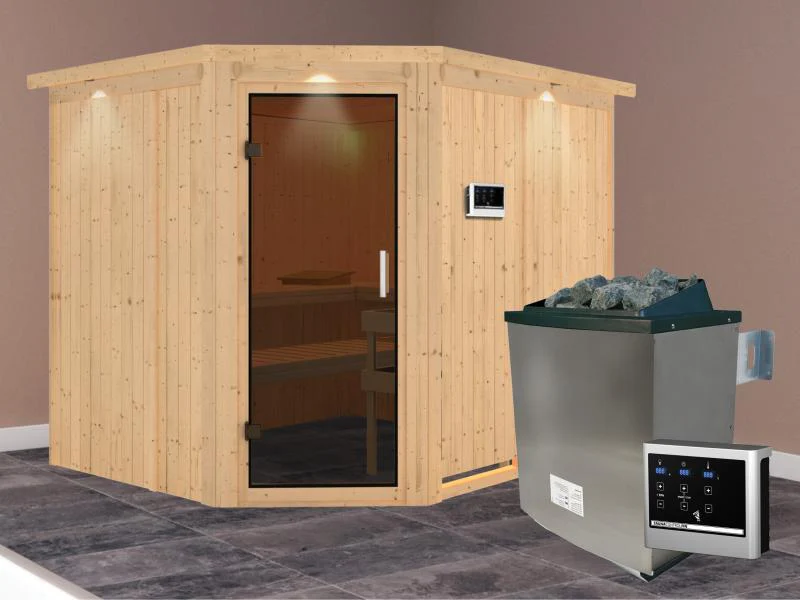 Karibu Sauna Malin inkl. 9-kW-Ofen mit externer Steuerung, mit Dachkranz, mit moderner Saunatür - Image 2