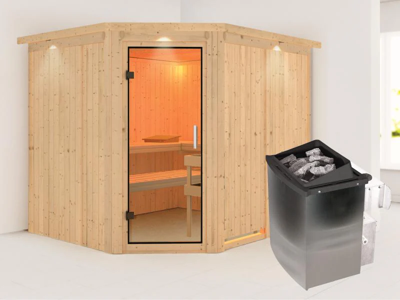 Karibu Sauna Malin inkl. 9 kW Ofen mit int. Steuerung, mit Dachkranz, mit Klarglas Ganzglastür