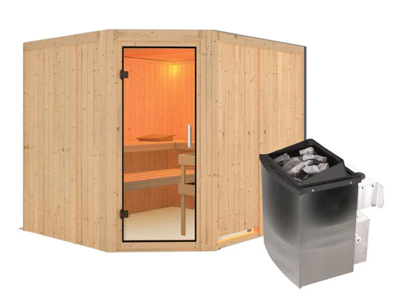 Karibu Sauna Malin inkl. 9 kW Ofen mit int. Steuerung, ohne Dachkranz, mit Klarglas Ganzglastür - Image 2