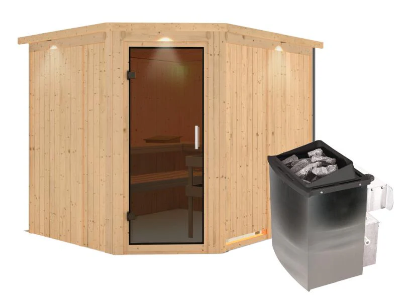 Karibu Sauna Malin inkl. 9-kW-Ofen mit interner Steuerung, mit Dachkranz, mit moderner Saunatür - Image 2