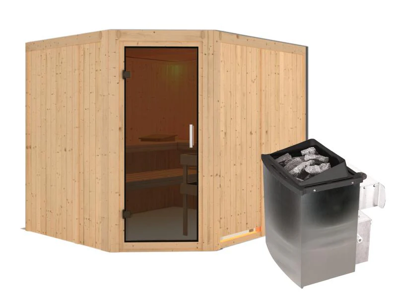 Karibu Sauna Malin inkl. 9-kW-Ofen mit interner Steuerung, ohne Dachkranz, mit moderner Saunatür - Image 2