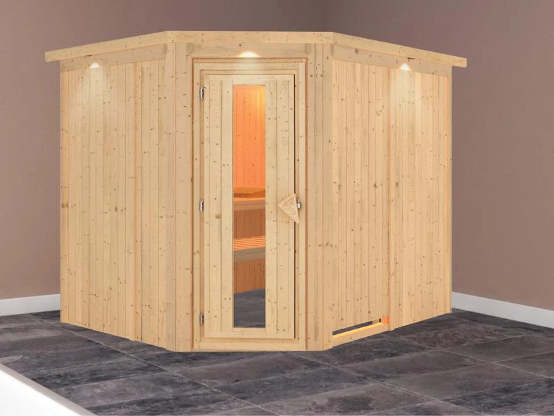 Karibu Sauna Malin ohne Ofen, mit Dachkranz, mit energiesparender Saunatür - Image 2